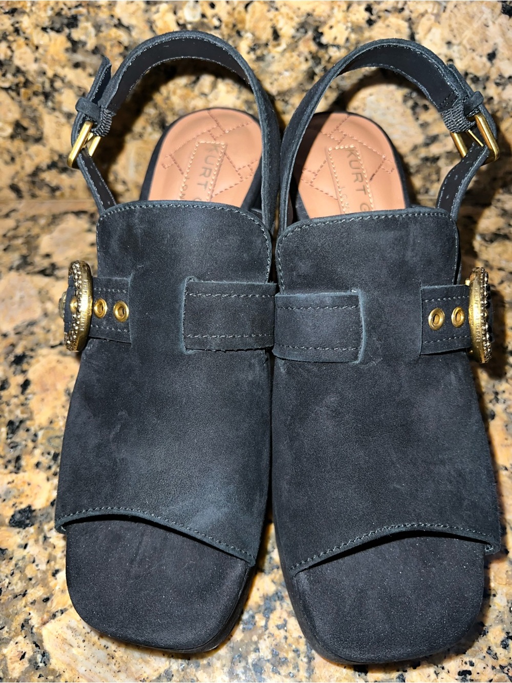 Kurt Geiger Black Suede Platform Slingback Heels with Gold Buckle - Picture 3 of 6